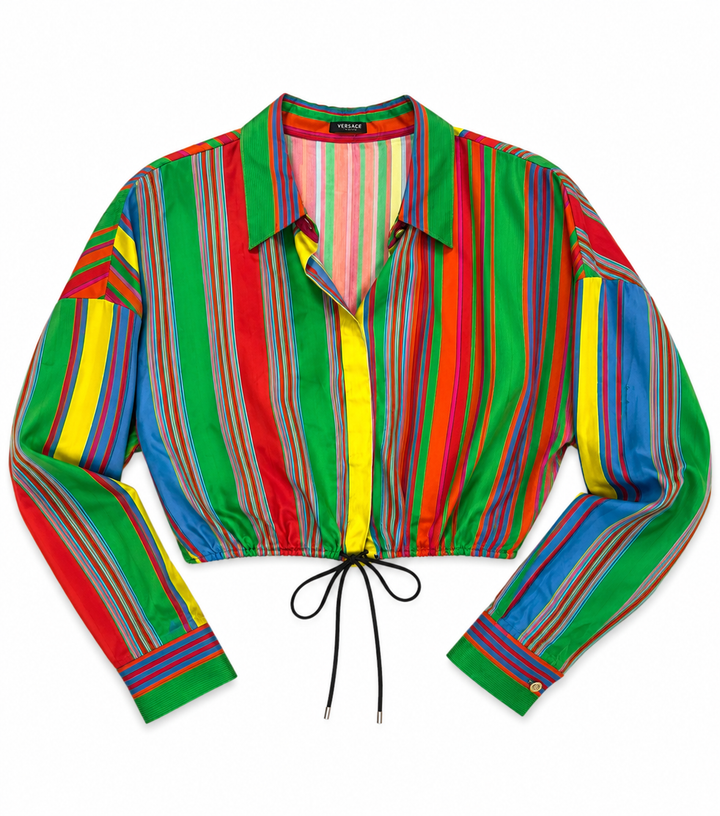 Vintage Versace Multicolor Striped Cropped Drawstring Blouse