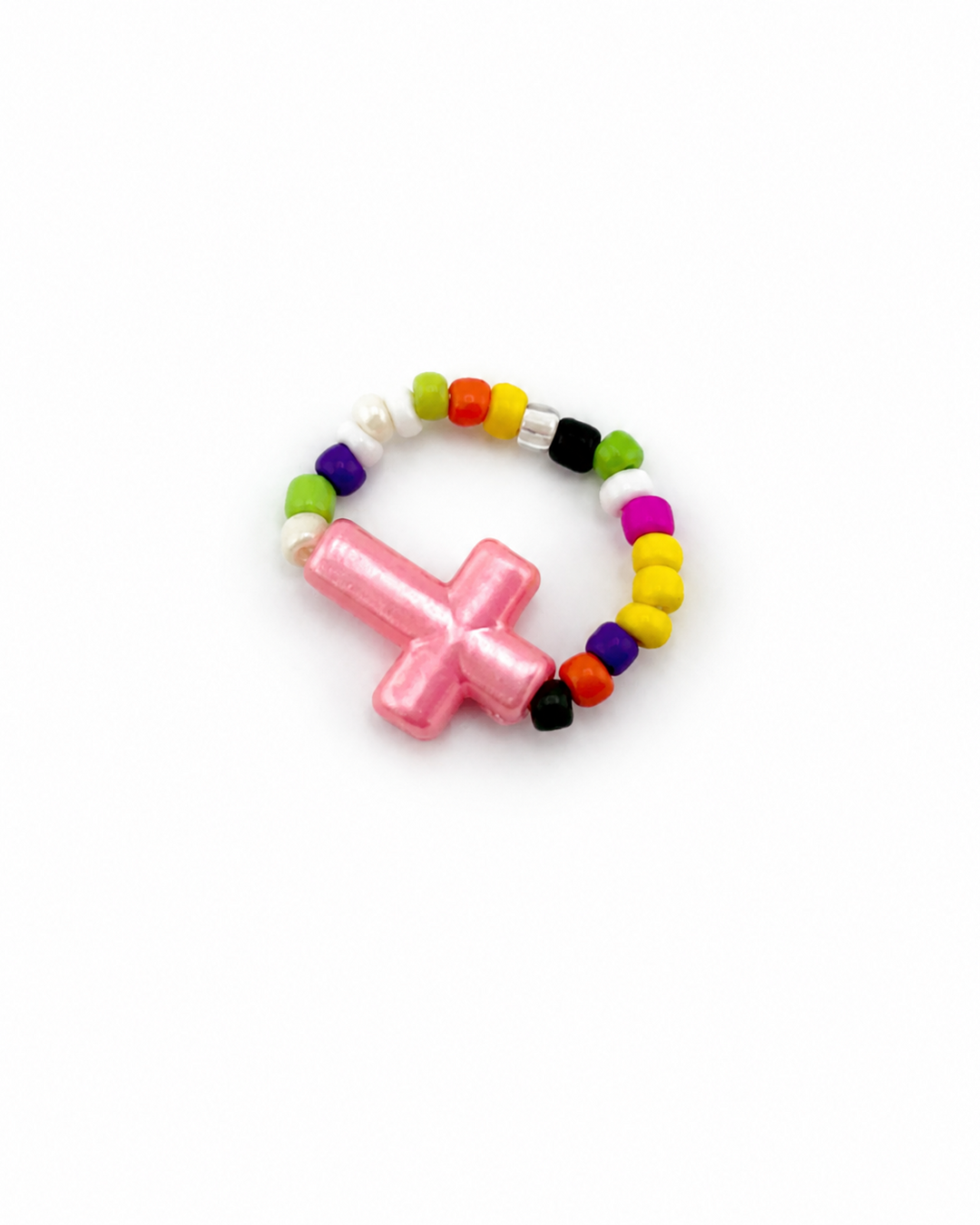 Multicolor Pink Cross Beaded Ring