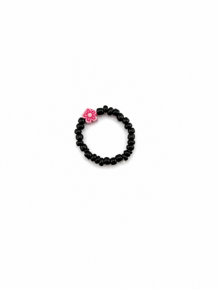 Black &amp; Pink Dainty Flower Beaded Ring
