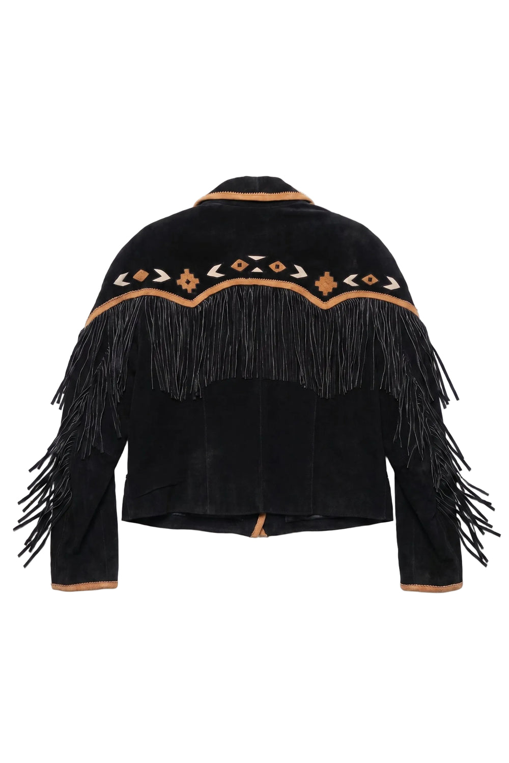Black fringed jacket with decorative patterns on a white background