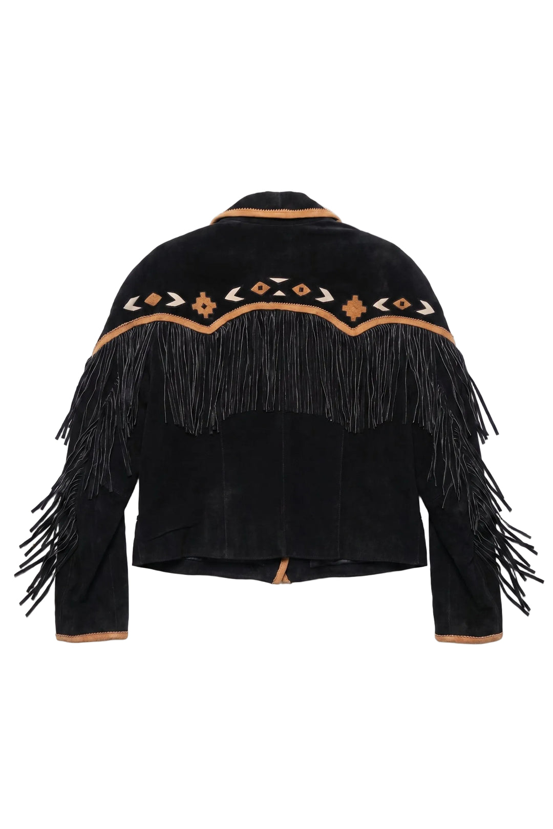 Black fringed jacket with decorative patterns on a white background