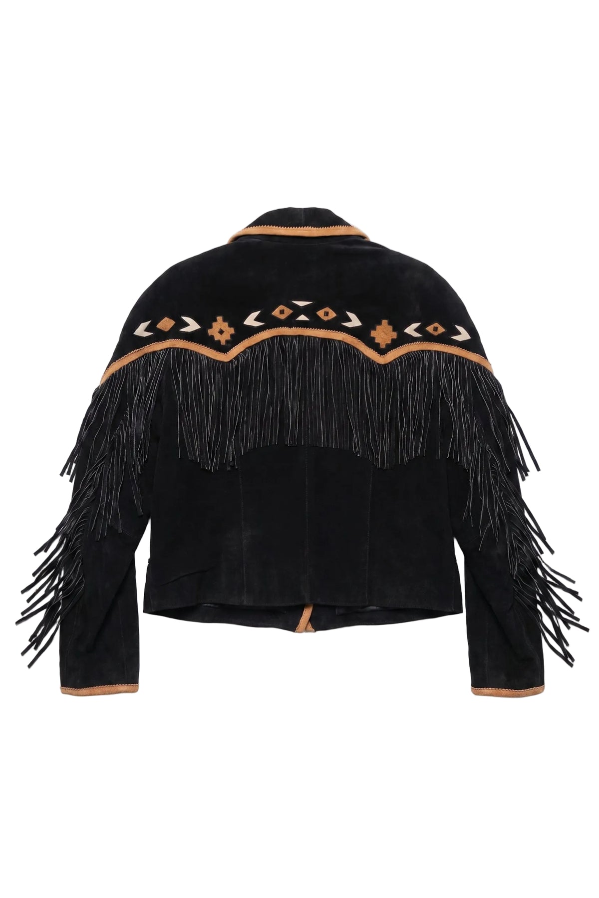 Black fringed jacket with decorative patterns on a white background