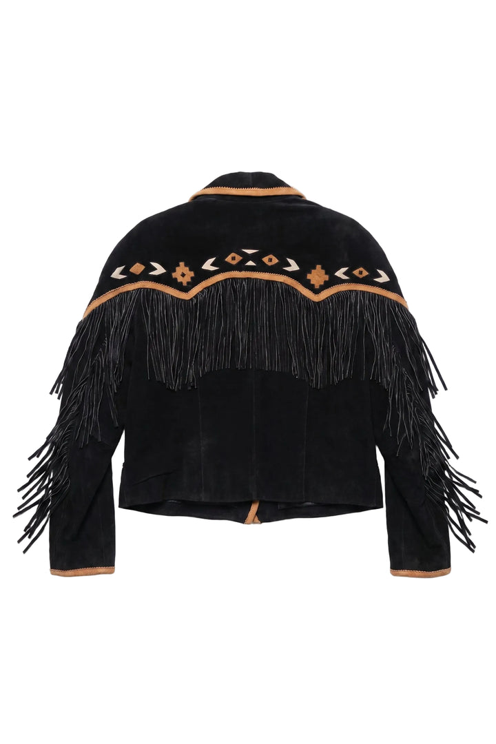 Black fringed jacket with decorative patterns on a white background
