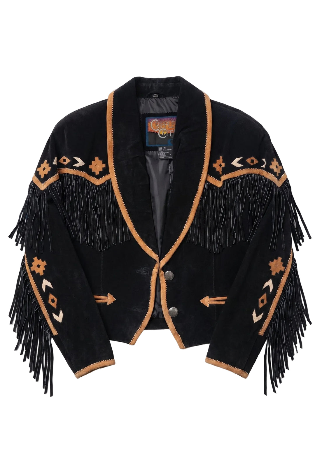 Black jacket with orange fringe and patterns on a white background