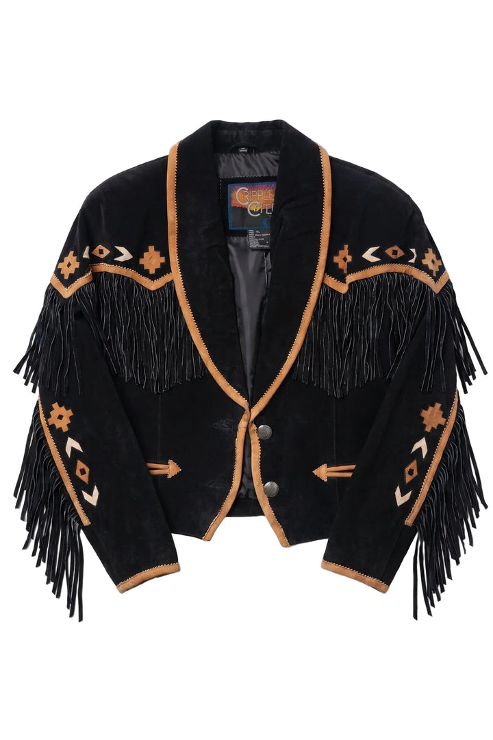 Black jacket with orange fringe and patterns on a white background