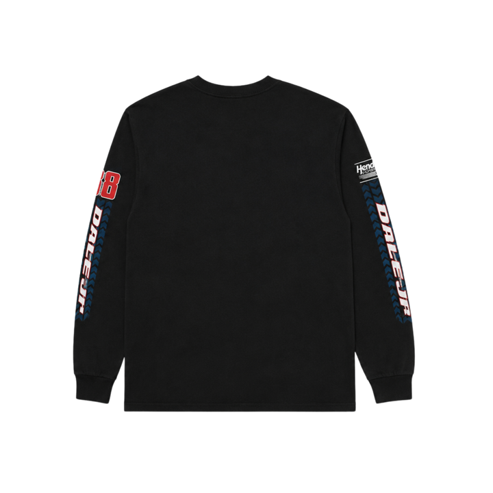 Black long-sleeve shirt with branding on sleeves against a white background
