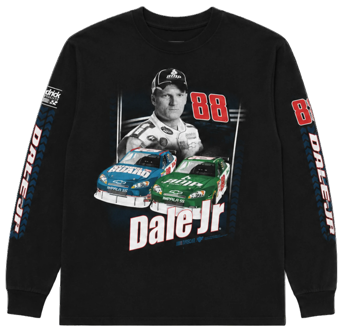Black long-sleeve shirt with racing-themed graphic and 'Dale Jr' text on a white background
