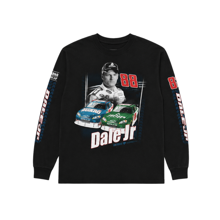 Black long-sleeve shirt with racing-themed graphic and &