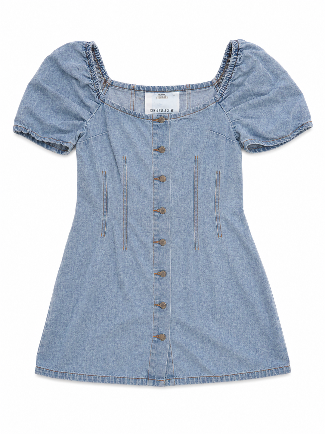 C/MEO Collective Blue Puff-Sleeve Buttoned Denim Mini Dress