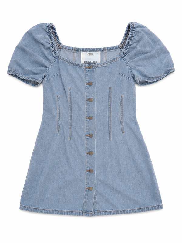 C/MEO Collective Blue Puff-Sleeve Buttoned Denim Mini Dress