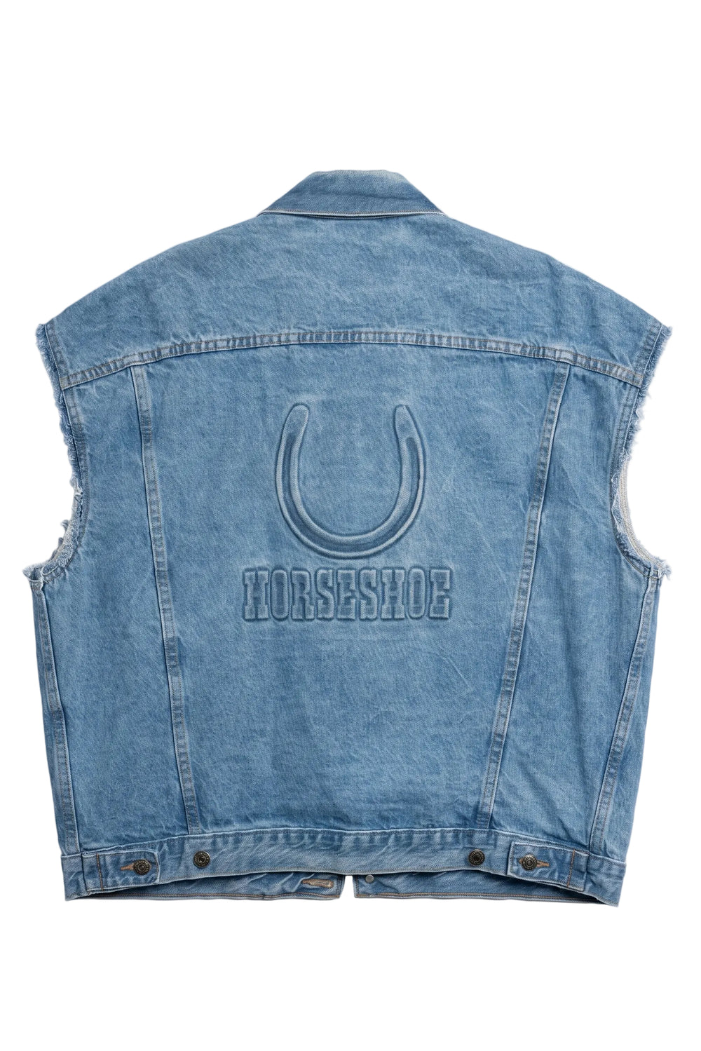Blue denim vest with 'Horseshoe' branding on a white background