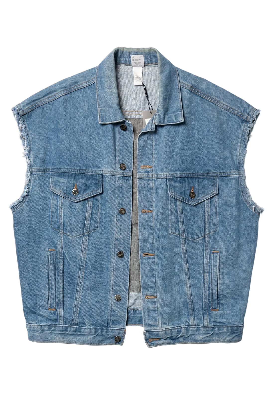 Blue denim vest on a white background