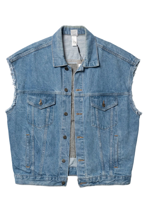 Blue denim vest on a white background
