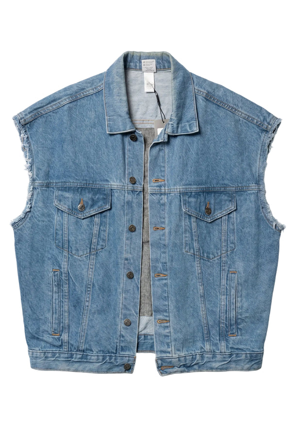 Blue denim vest on a white background
