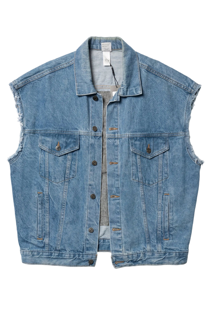 Blue denim vest on a white background