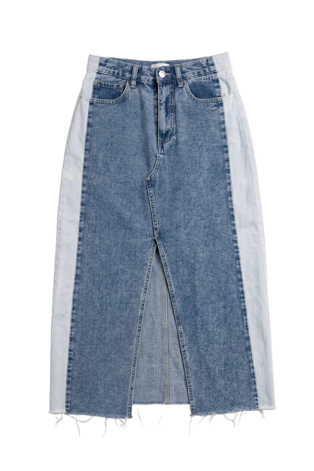 Driftwood Reworked Two-Tone Split Denim Skirt