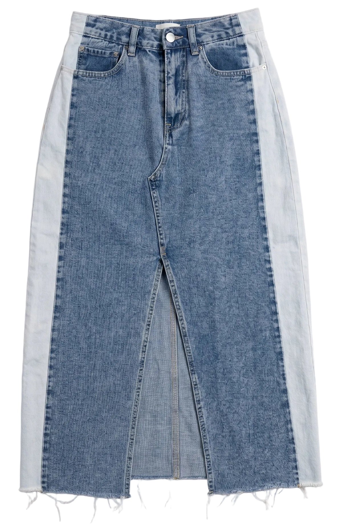 Driftwood Reworked Two-Tone Split Denim Skirt