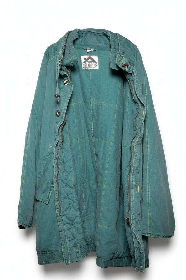 Green jacket with a brand label on a gray background