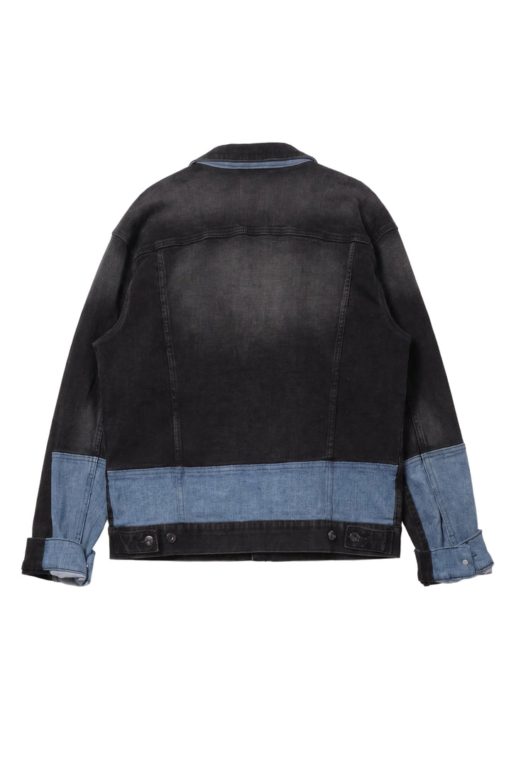 Black and blue denim jacket on a white background