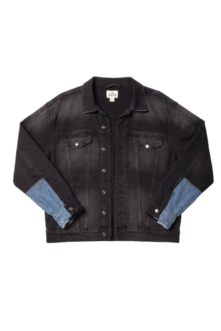Black denim jacket with blue elbow patches on a white background