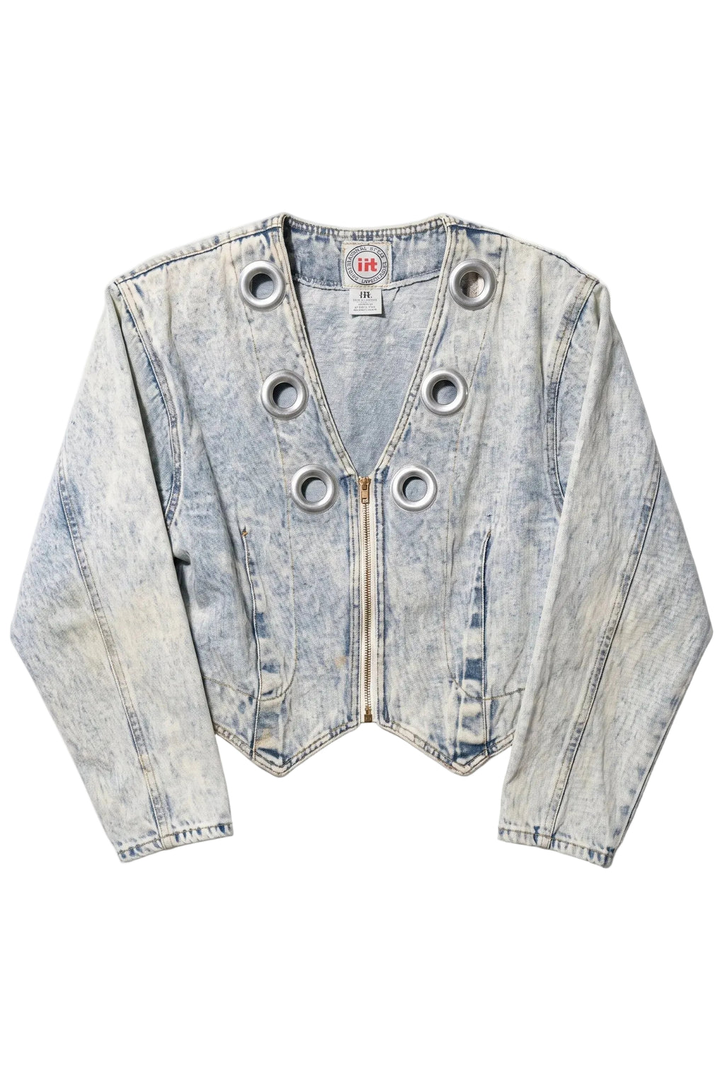 Light blue denim jacket with grommet details on a white background