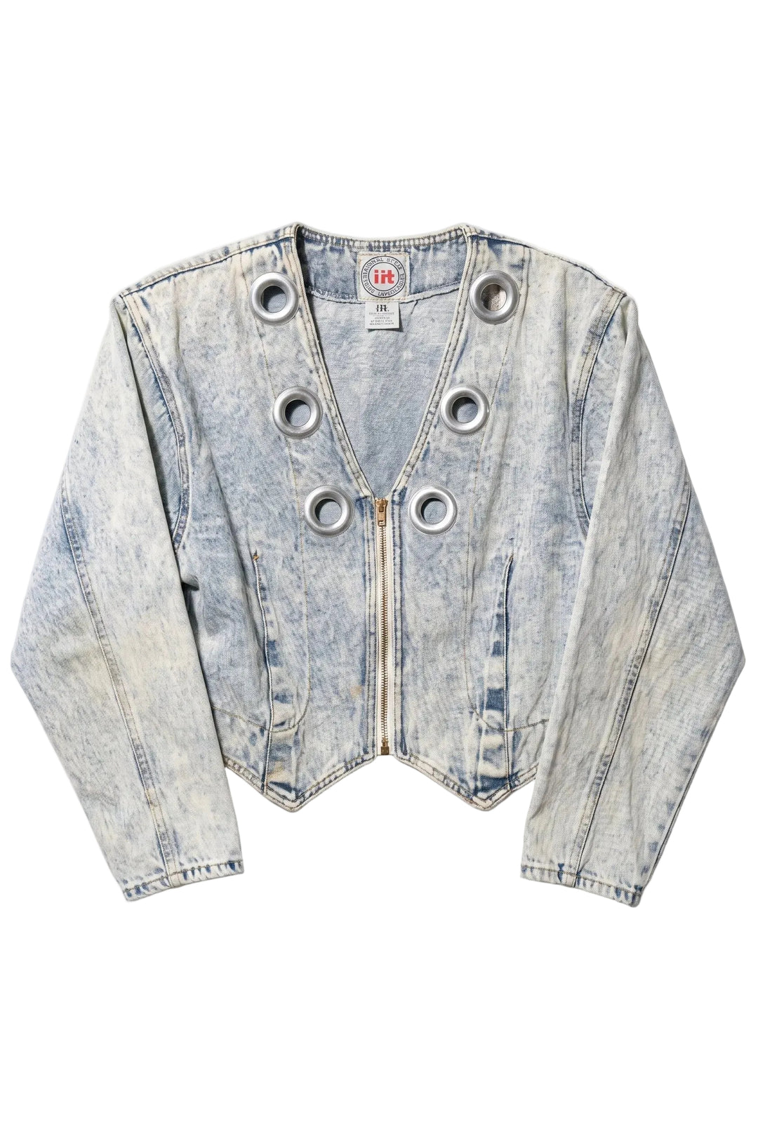Light blue denim jacket with grommet details on a white background