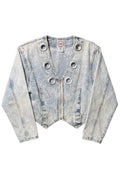 Light blue denim jacket with grommet details on a white background