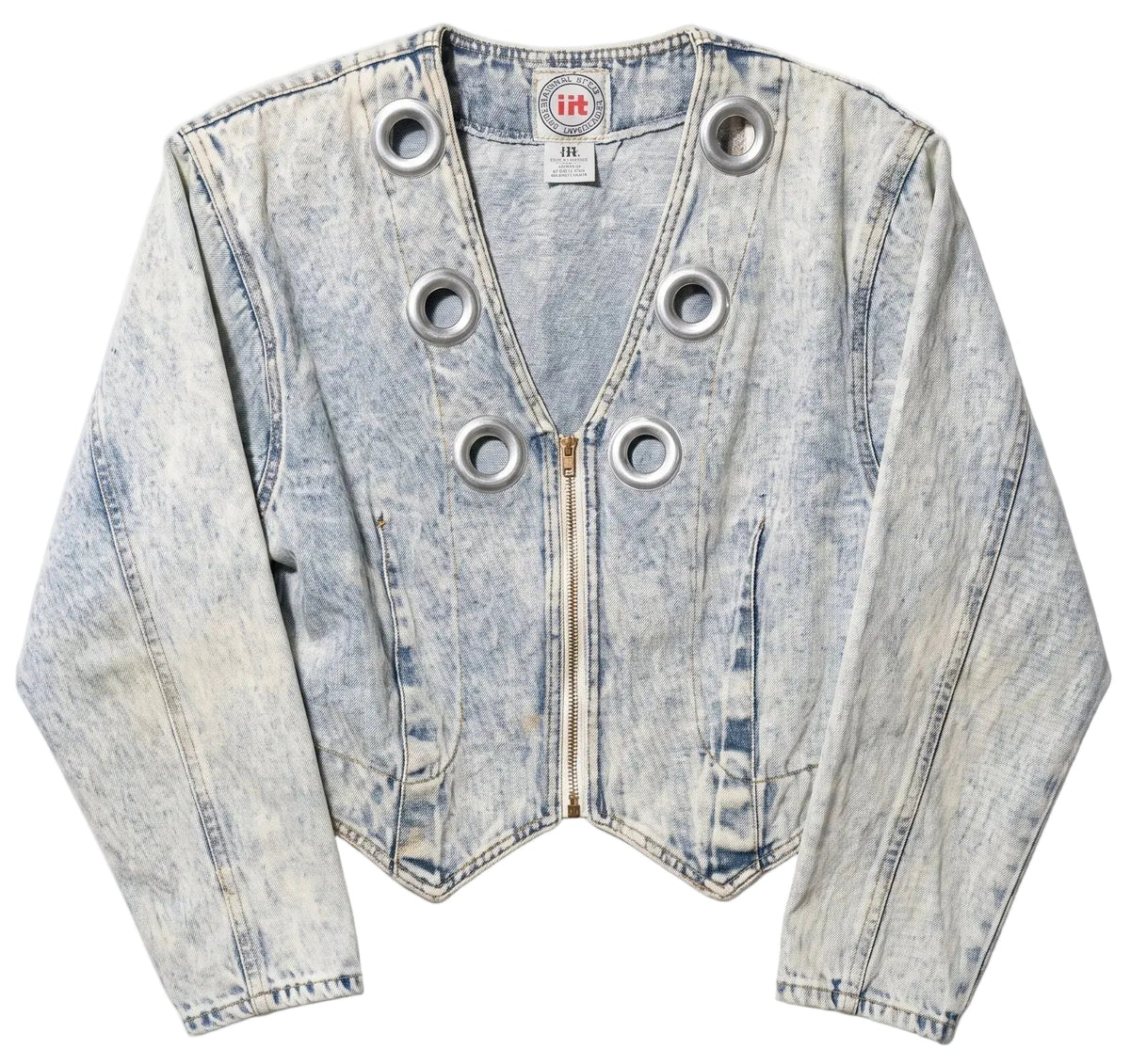 Light blue denim jacket with grommet details on a white background