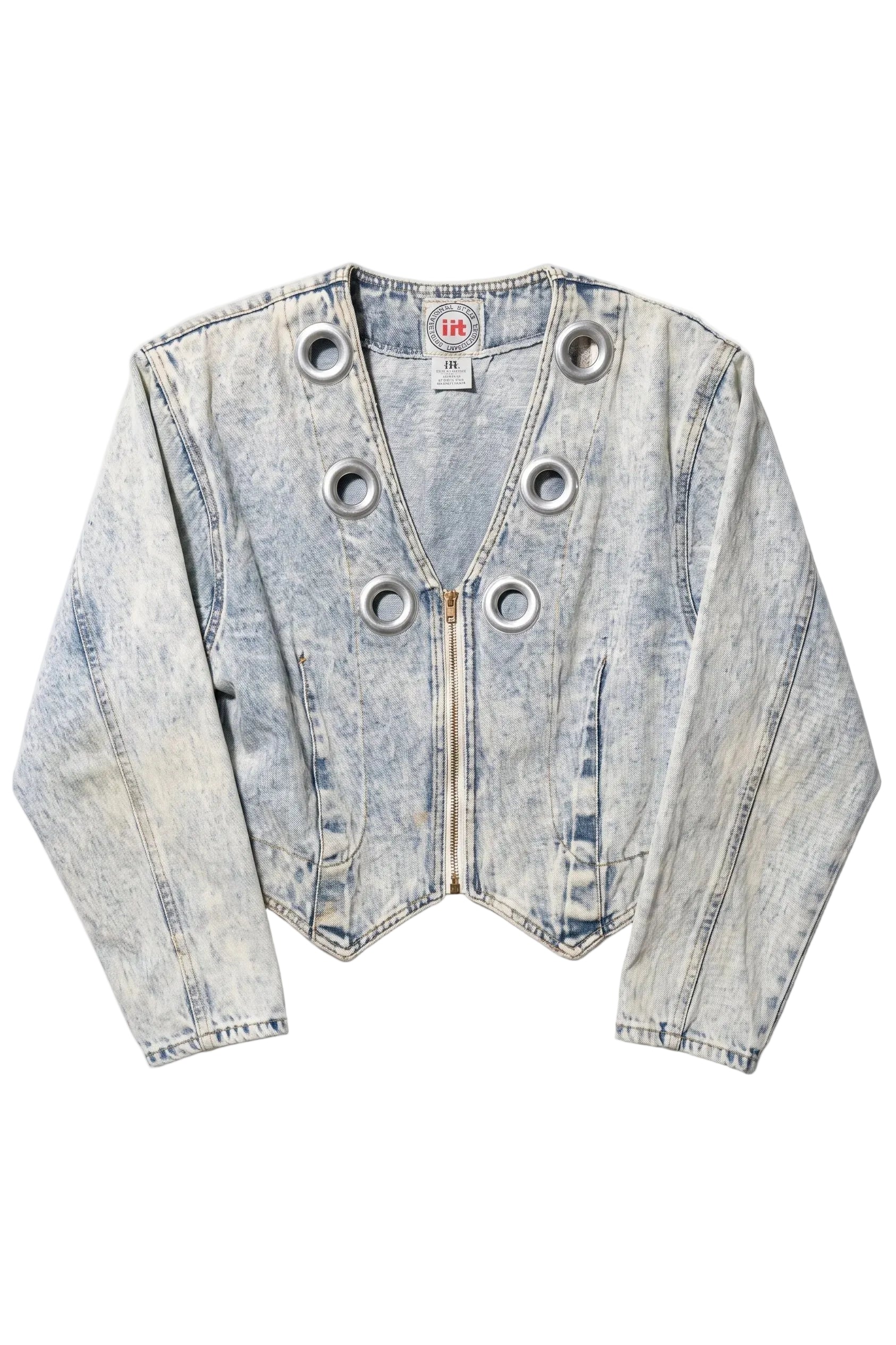 Light blue denim jacket with grommet details on a white background