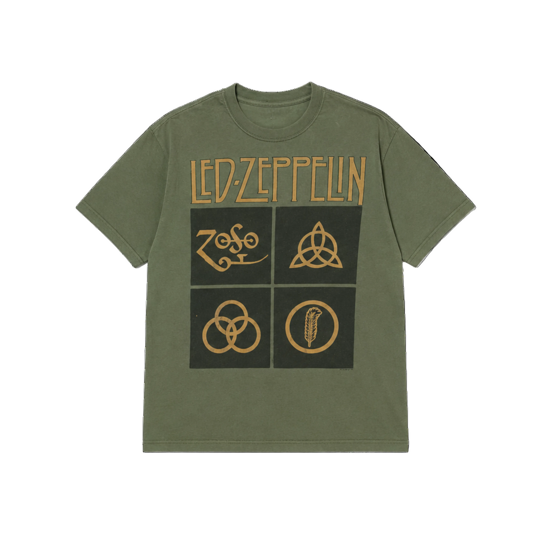 Green t-shirt with Led Zeppelin logos on a white background