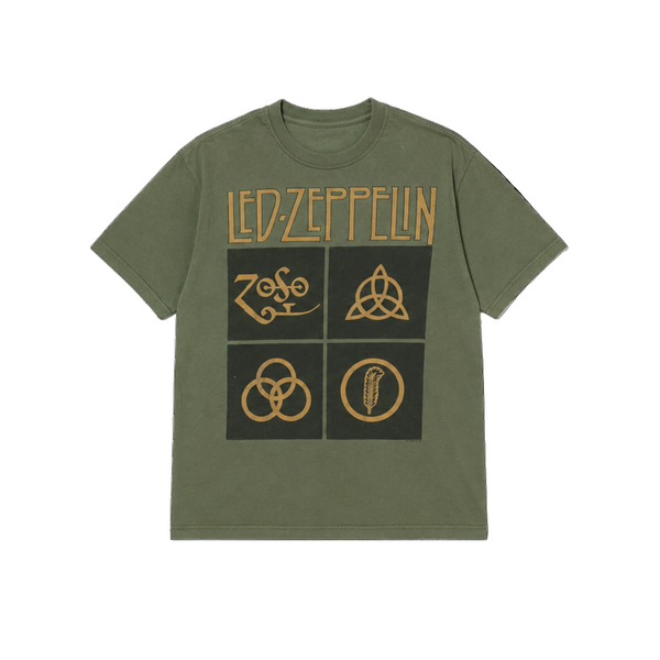 Green t-shirt with Led Zeppelin logos on a white background