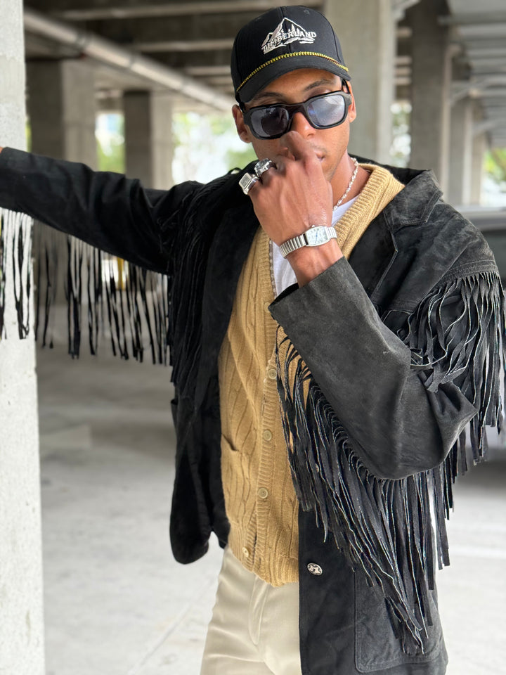 Vintage G-III Premium Black Suede Fringe Long Jacket