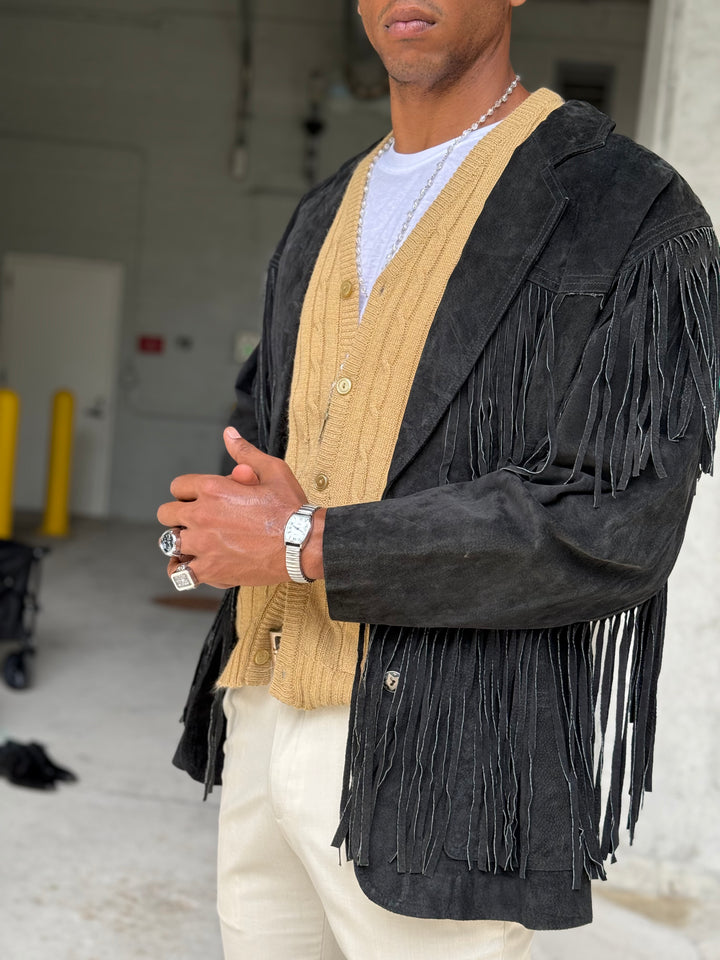 Vintage G-III Premium Black Suede Fringe Long Jacket
