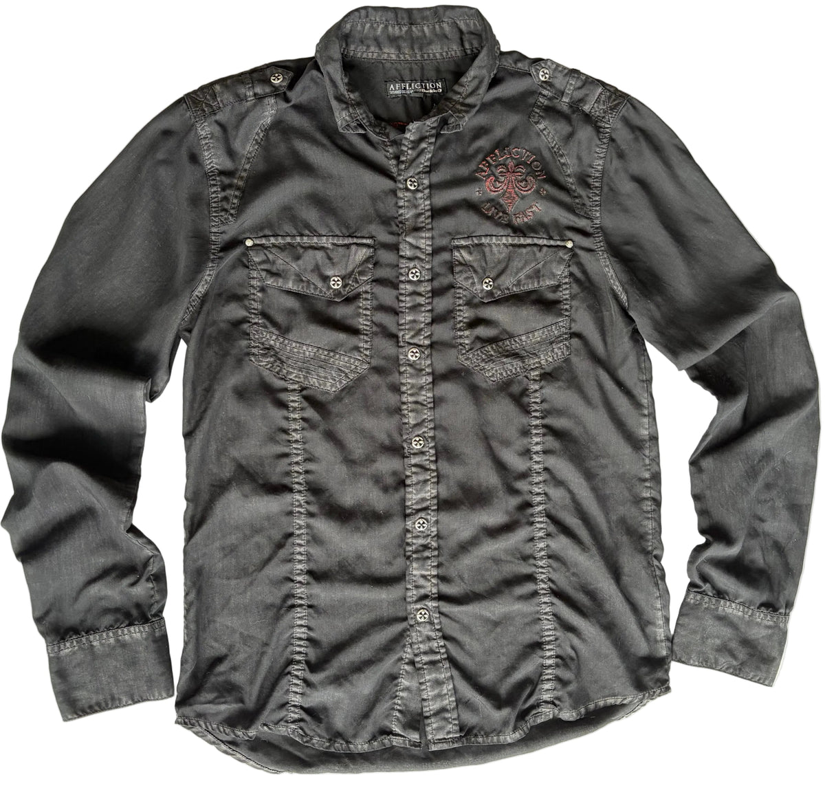 Affliction Black & Red Skull Embroidered Long Sleeve Button-Up Shirt