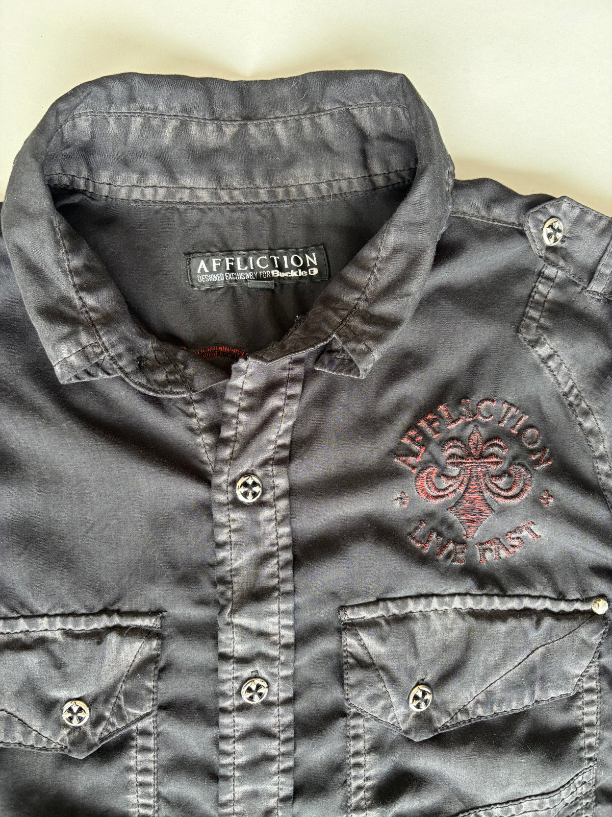 Affliction Black & Red Skull Embroidered Long Sleeve Button-Up Shirt