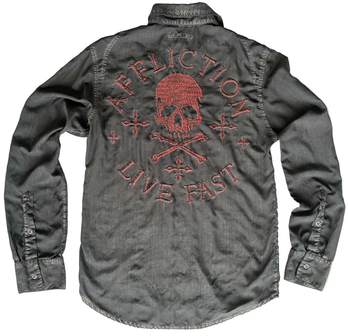 Affliction Black & Red Skull Embroidered Long Sleeve Button-Up Shirt