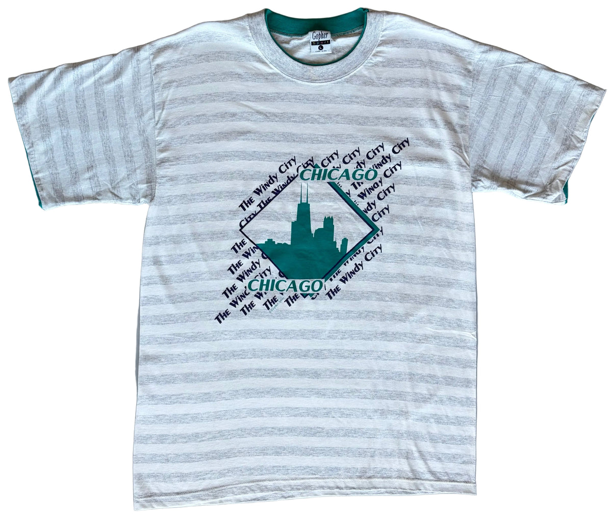90s 'Chicago Windy City' Striped Graphic T-Shirt