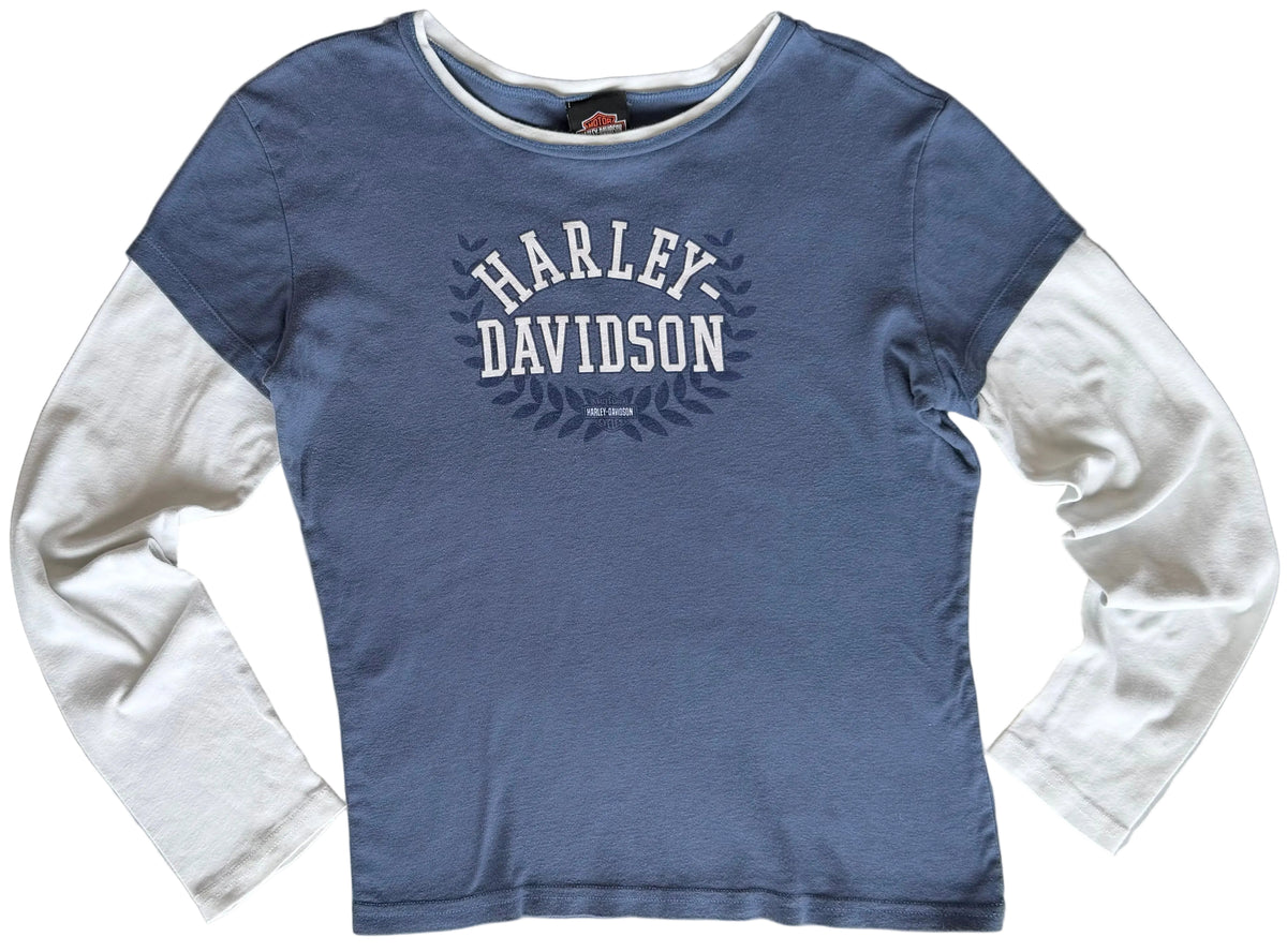 Vintage Faded Blue Harley Davidson Layered Long Sleeve T-Shirt