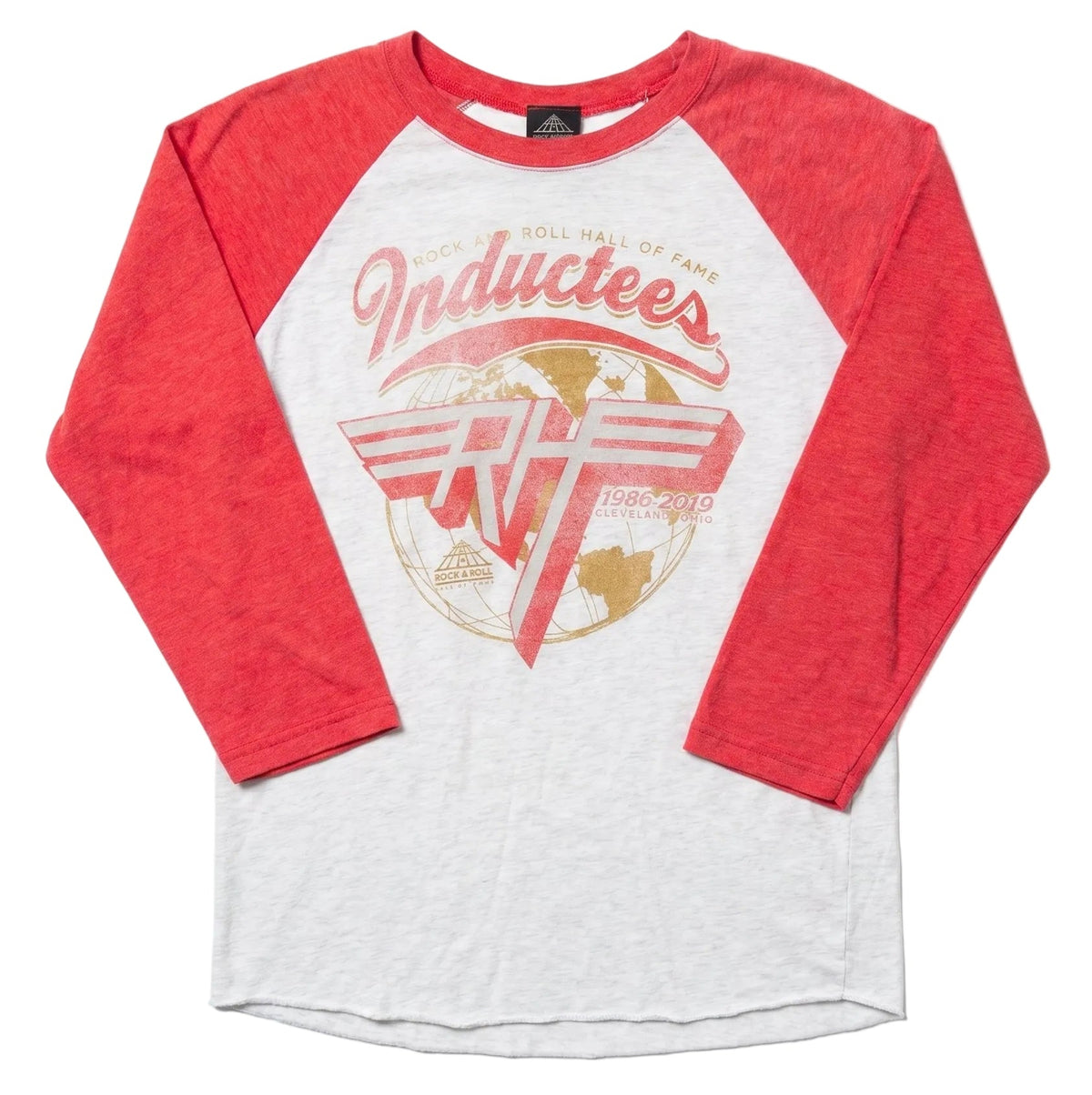 Red and white long-sleeve shirt with graphic design on a white background