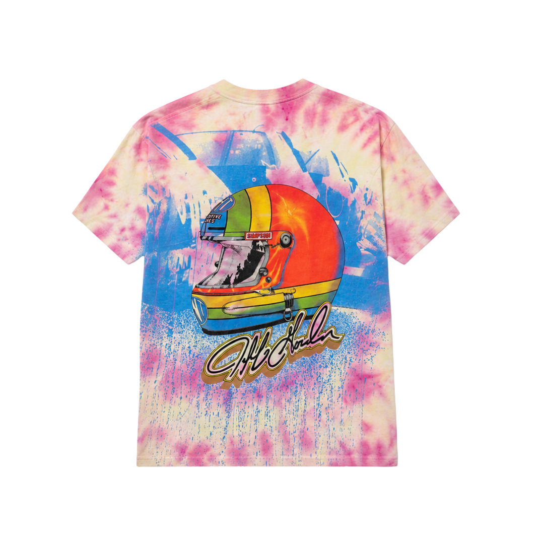 Tie-dye t-shirt with a colorful graphic of a helmet and text on a white background
