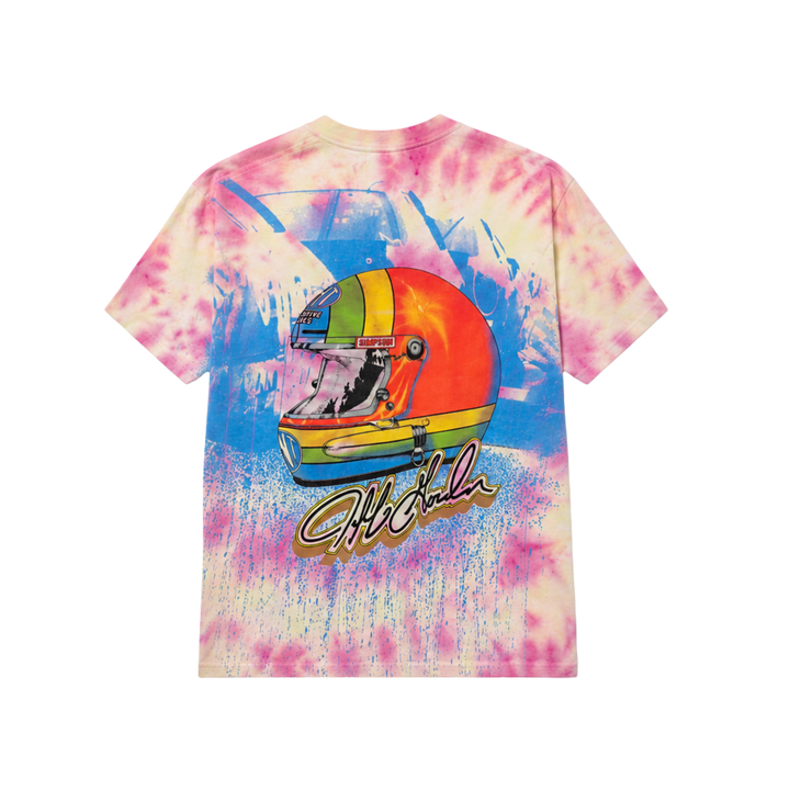 Tie-dye t-shirt with a colorful graphic of a helmet and text on a white background