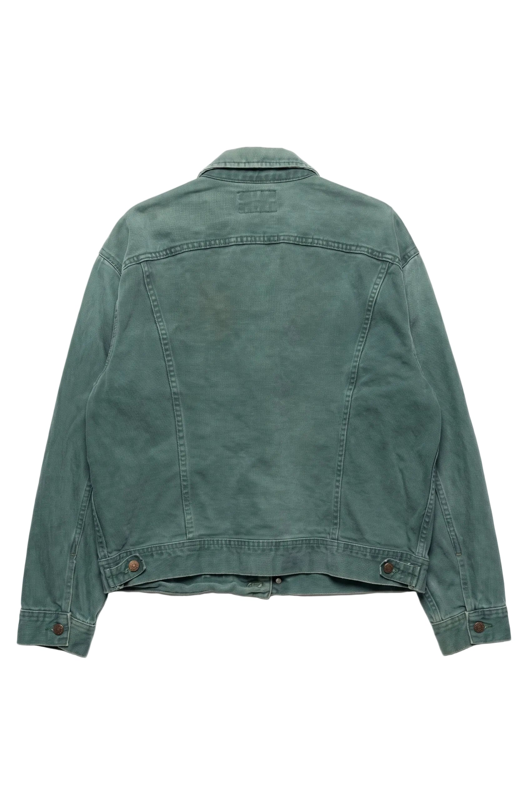 Green denim jacket on a white background