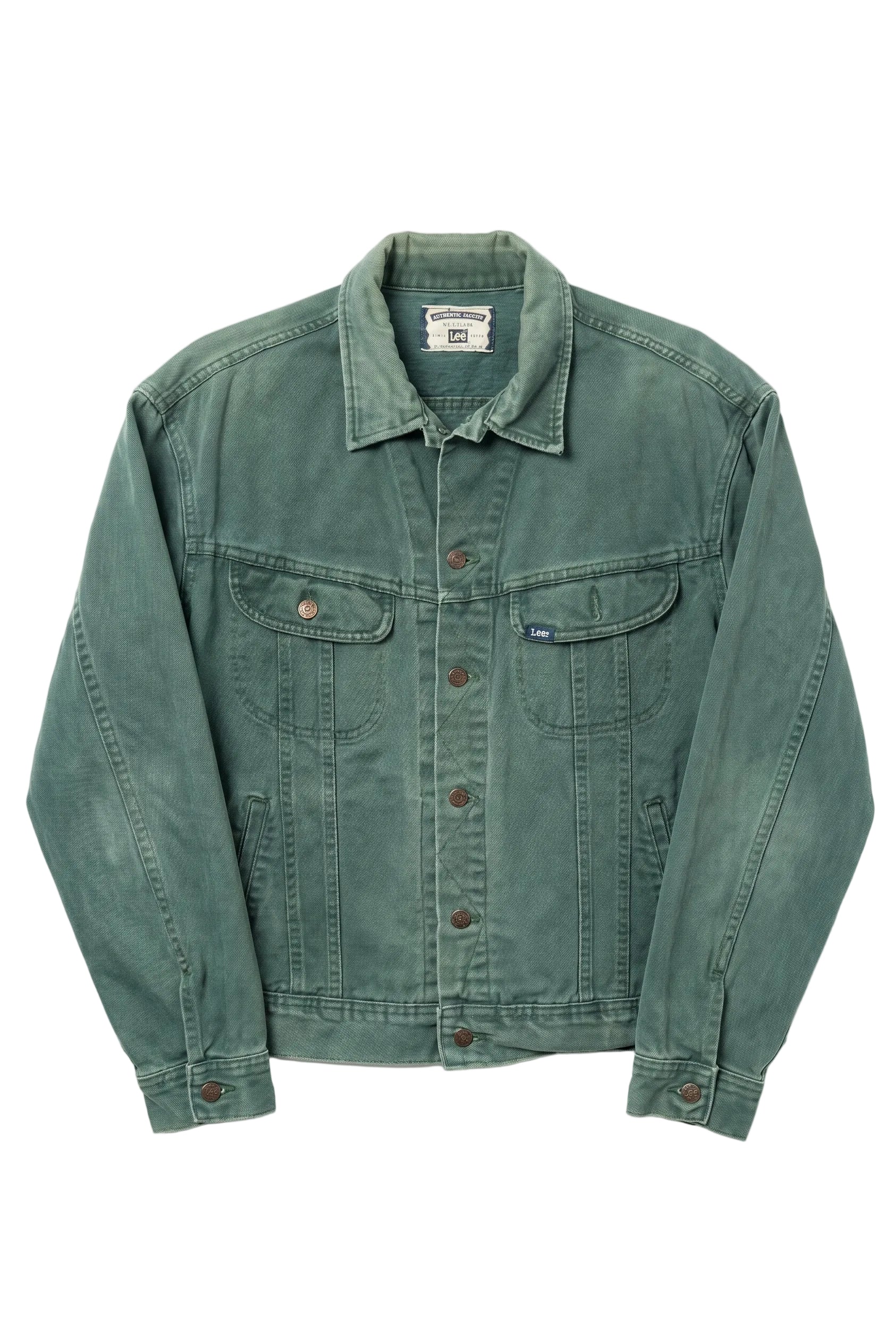 Green denim jacket on a white background