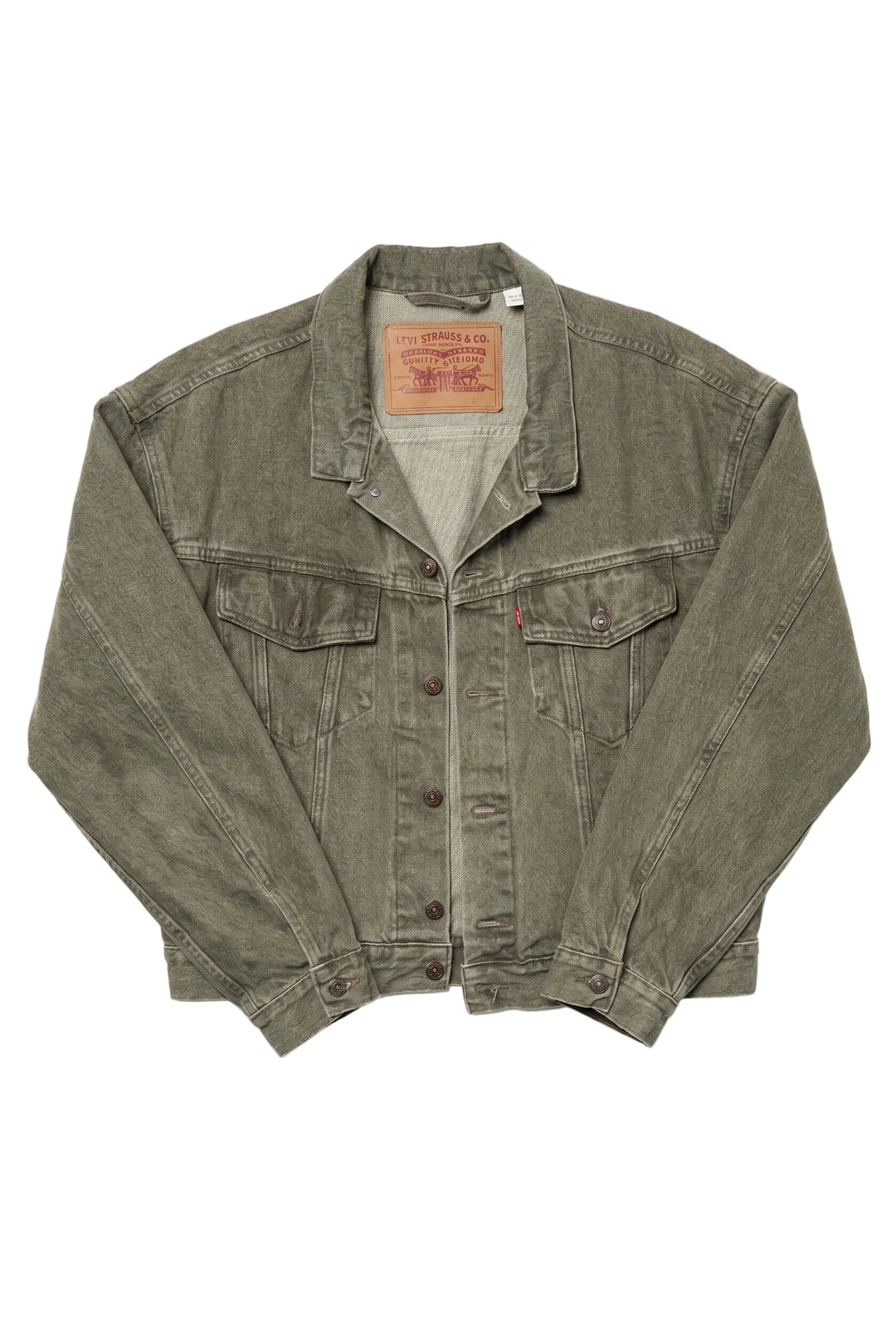 Green denim jacket on a white background