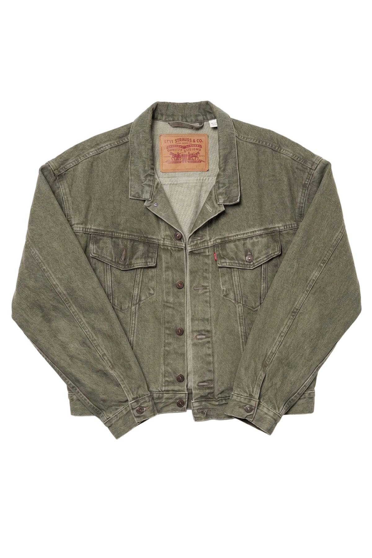 Green denim jacket on a white background
