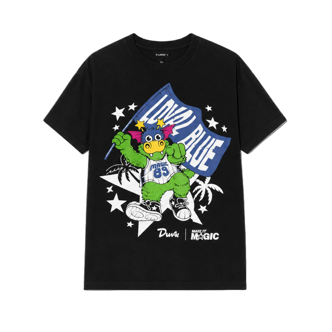 Black t-shirt with a colorful graphic of a cartoon character and text on a white background
