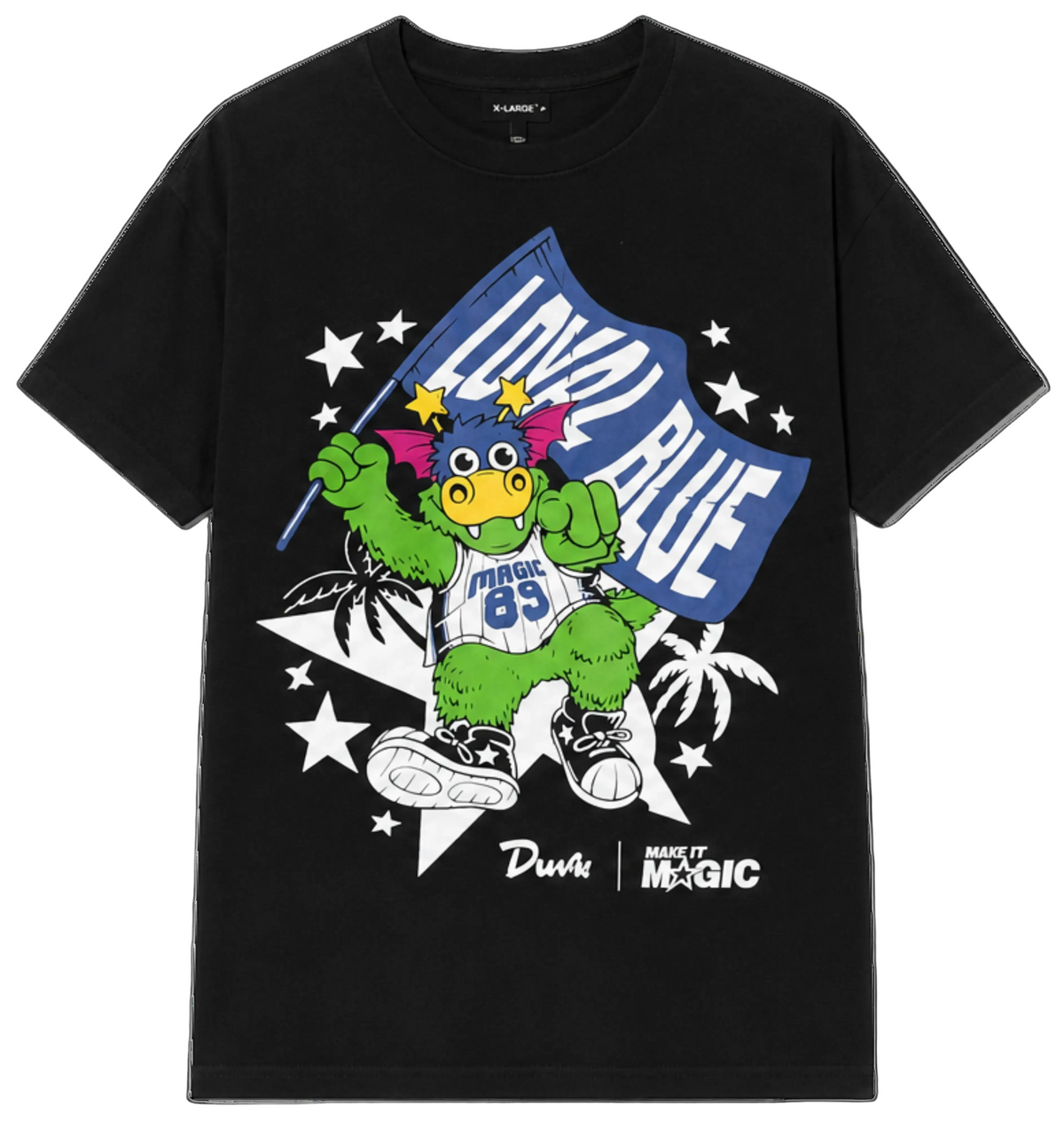 Black t-shirt with a colorful graphic of a cartoon character and text on a white background