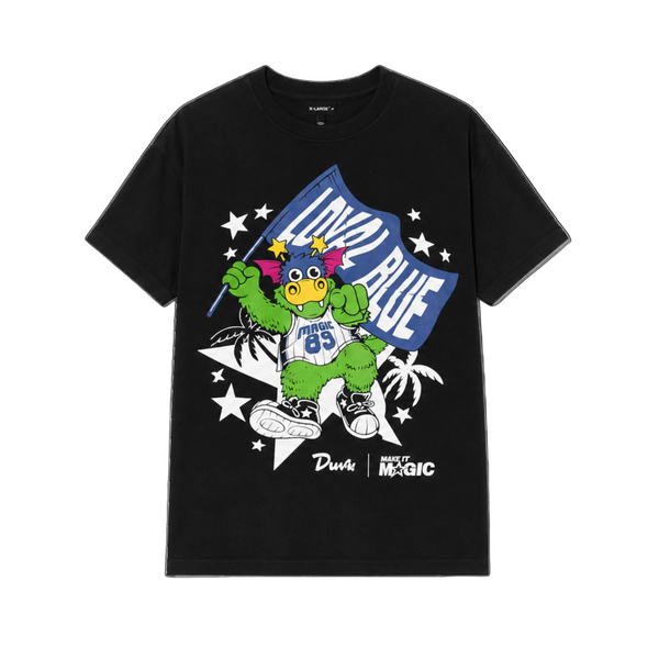 Black t-shirt with a colorful graphic of a cartoon character and text on a white background