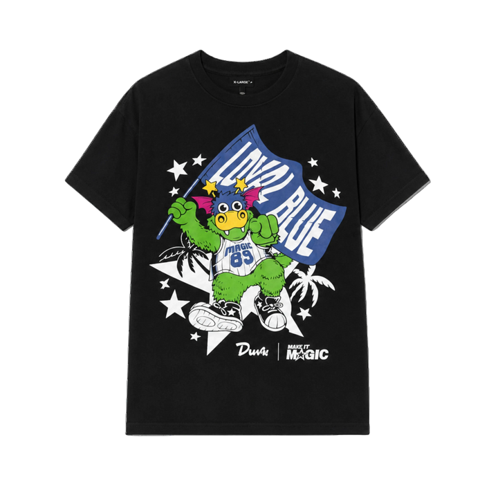 Black t-shirt with a colorful graphic of a cartoon character and text on a white background