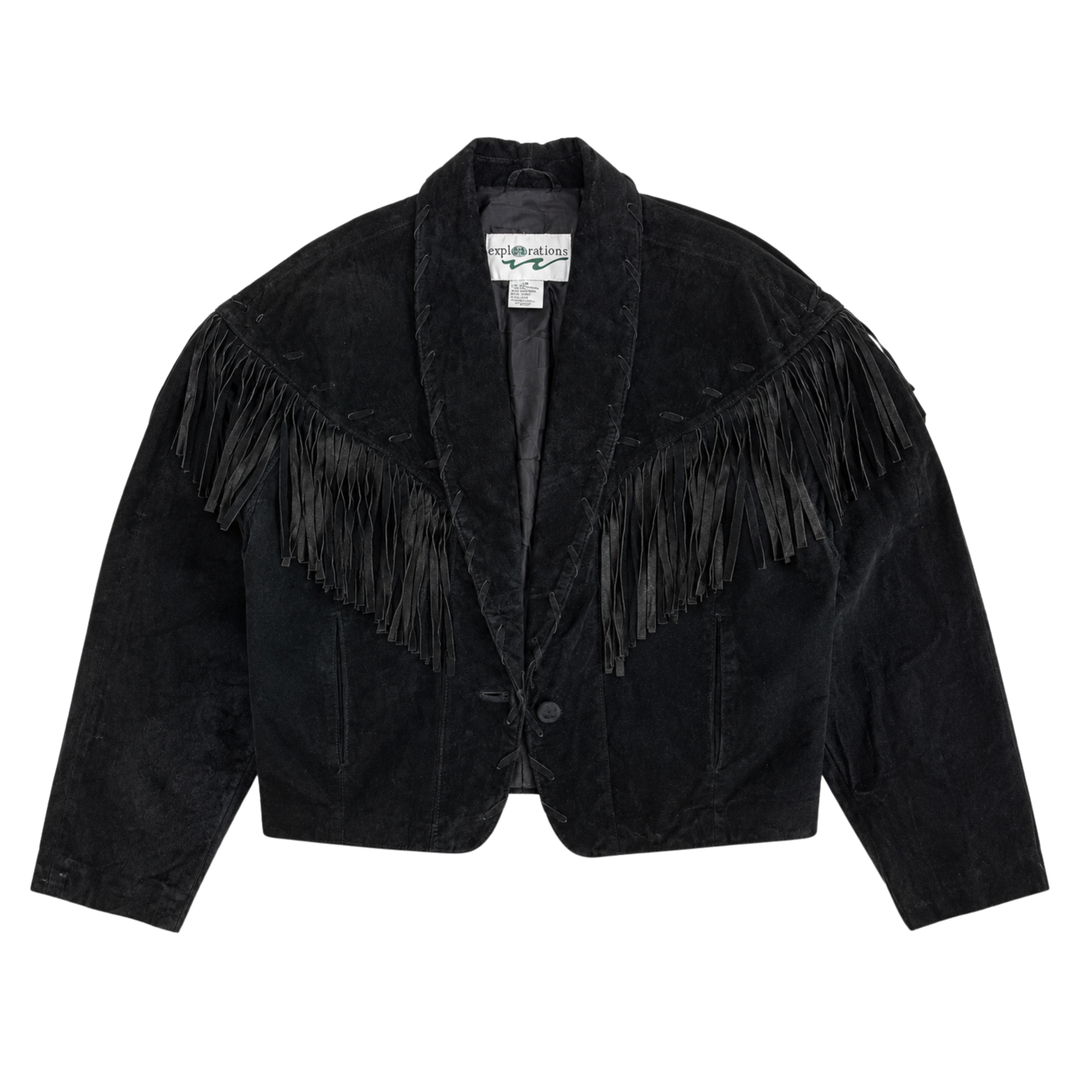 Vintage Explorations Cropped Suede Leather Fringe Jacket
